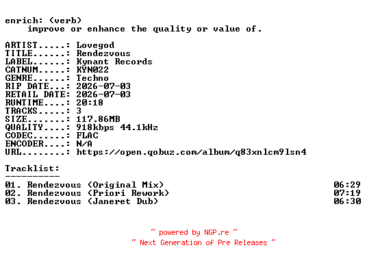 NFO for the release Lovegod-Rendezvous-(KYN022)-16BIT-WEB-FLAC-2026-ENRiCH by ENRiCH