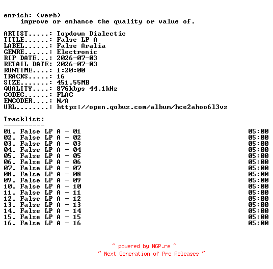 NFO for the release Topdown_Dialectic-False_LP_A-16BIT-WEB-FLAC-2026-ENRiCH by ENRiCH