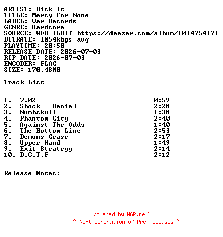 NFO for the release Risk_It-Mercy_For_None-16BIT-WEB-FLAC-2026-SDR by SDR