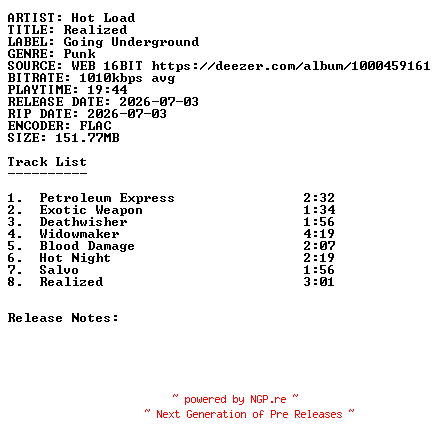 NFO for the release Hot_Load-Realized-16BIT-WEB-FLAC-2026-SDR by SDR