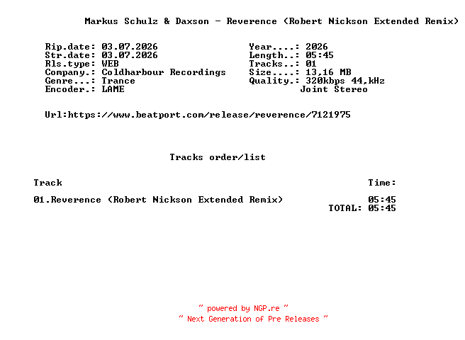 NFO for the release Markus_Schulz_And_Daxson_-_Reverence_(Robert_Nickson_Extended_Remix)-(CLHR580A)-SINGLE-WEB-2026-FMC by FMC