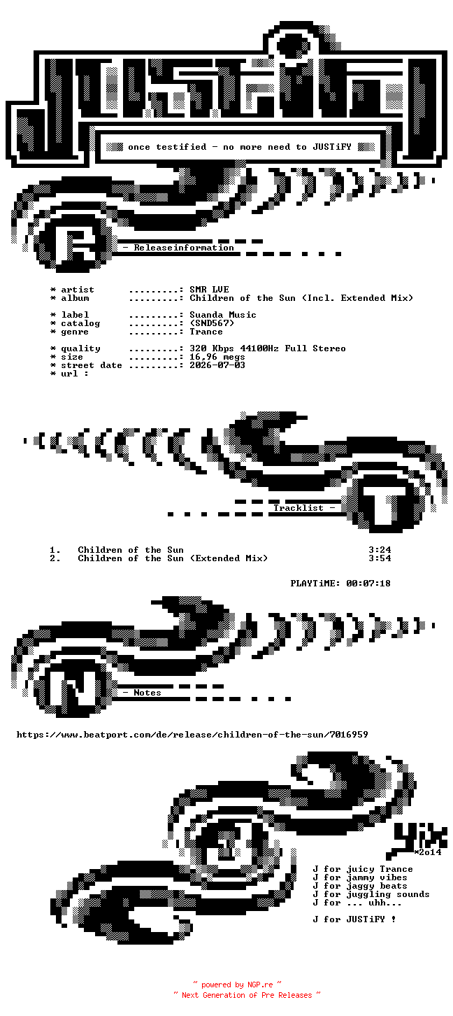 NFO for the release SMR_LVE_-_Children_Of_The_Sun_(Incl._Extended_Mix)-(SND567)-WEB-2026-JUSTiFY by JUSTiFY