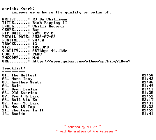 NFO for the release R3_Da_Chilliman-Rich_Rapping_II-16BIT-WEB-FLAC-2026-ENRiCH by ENRiCH