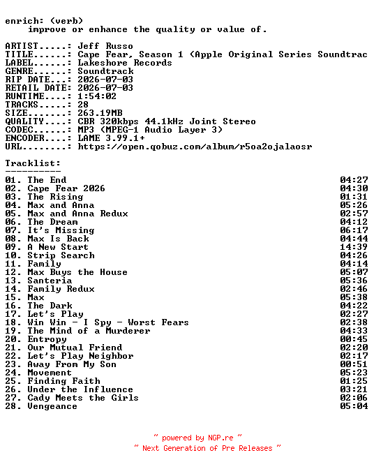 NFO for the release Jeff_Russo-Cape_Fear_Season_1_(Apple_Original_Series_Soundtrack)-OST-WEB-2026-ENRiCH by ENRiCH