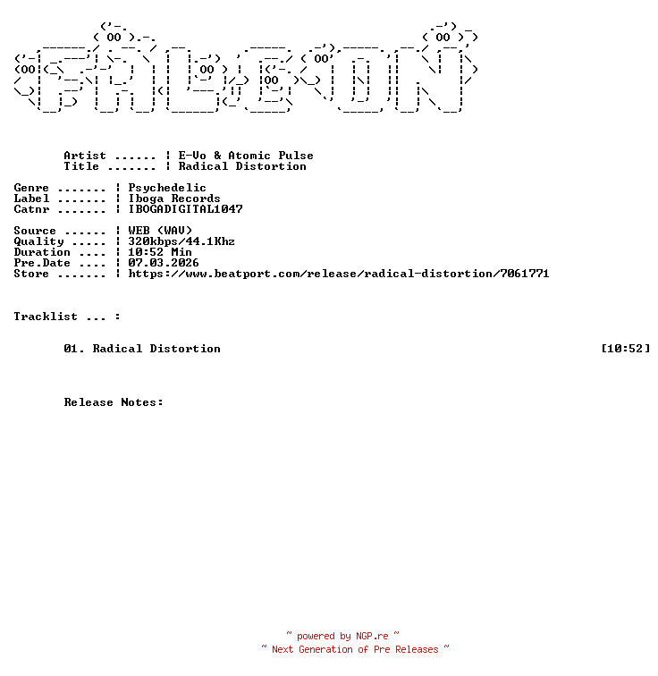NFO for the release E-VO_And_Atomic_Pulse-Radical_Distortion-(IBOGADIGITAL1047)-SINGLE-WEB-2026-FALCON by FALCON