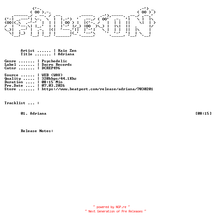 NFO for the release Kaio_Zen-Adriana-(DCREP496)-SINGLE-WEB-2026-FALCON by FALCON