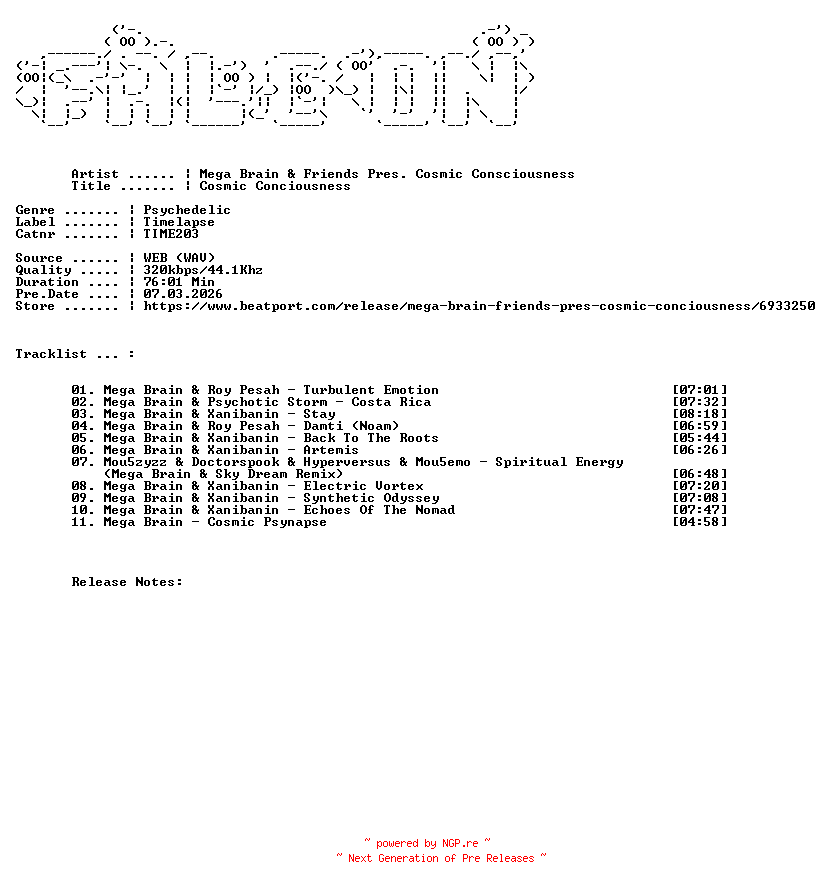 NFO for the release Mega_Brain_And_Friends_Pres._Cosmic_Consciousness-Cosmic_Conciousness-(TIME203)-WEB-2026-FALCON by FALCON