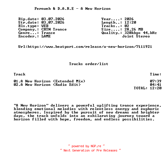 NFO for the release Fernweh_And_D.A.R.E_-_A_New_Horizon-(CRTNTR182)-WEB-2026-FMC by FMC