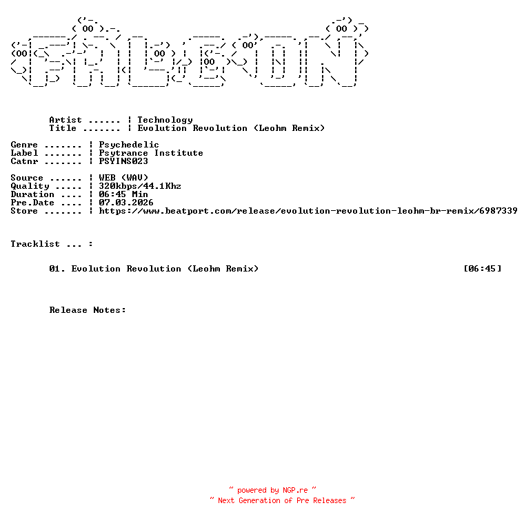NFO for the release Technology-Evolution_Revolution_Leohm_Remix-(PSYINS023)-SINGLE-WEB-2026-FALCON by FALCON
