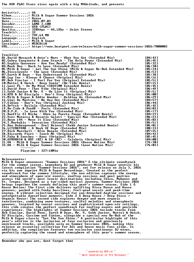 NFO for the release VA-Milk_And_Sugar_Summer_Sessions_2026-(MSRCD110)-WEB-2026-AOV by AOV