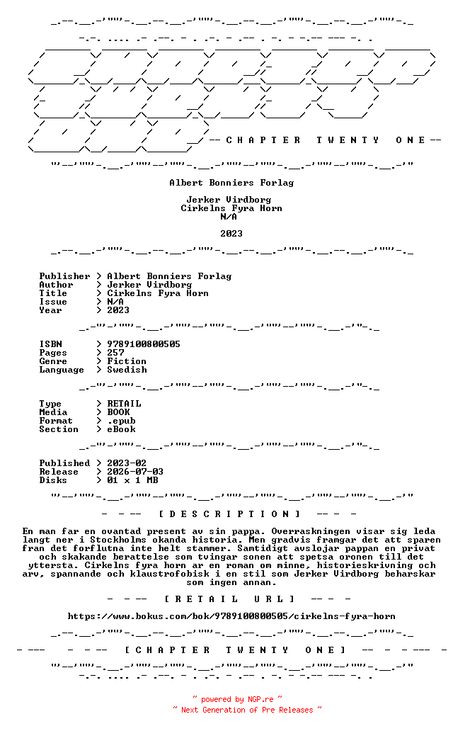 NFO for the release Jerker.Virdborg.-.Cirkelns.Fyra.Horn.2023.SWEDISH.RETAIL.EPUB.eBook-CTO by CTO