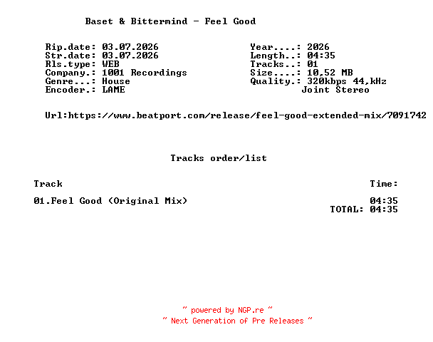 NFO for the release Baset_And_Bittermind_-_Feel_Good-(1001REC015)-SINGLE-WEB-2026-FMC by FMC