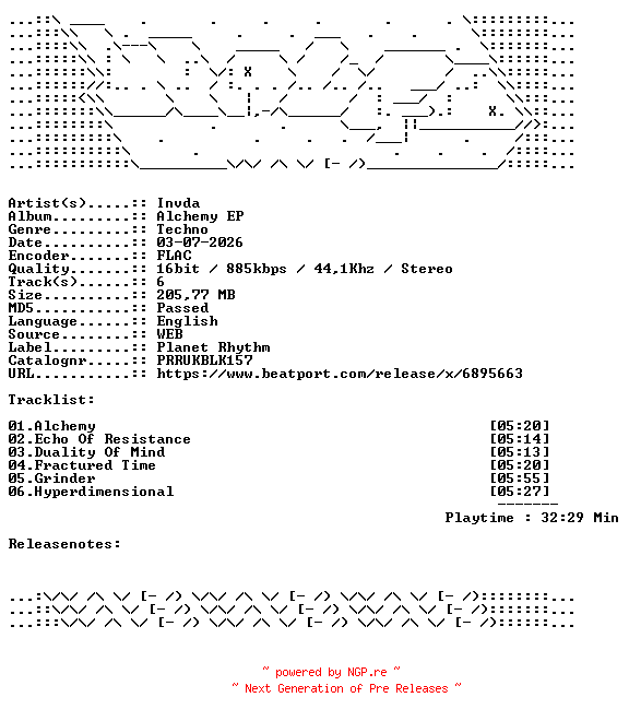 NFO for the release Invda-Alchemy_EP-PRRUKBLK157-16BIT-WEB-FLAC-2026-WAVED by WAVED
