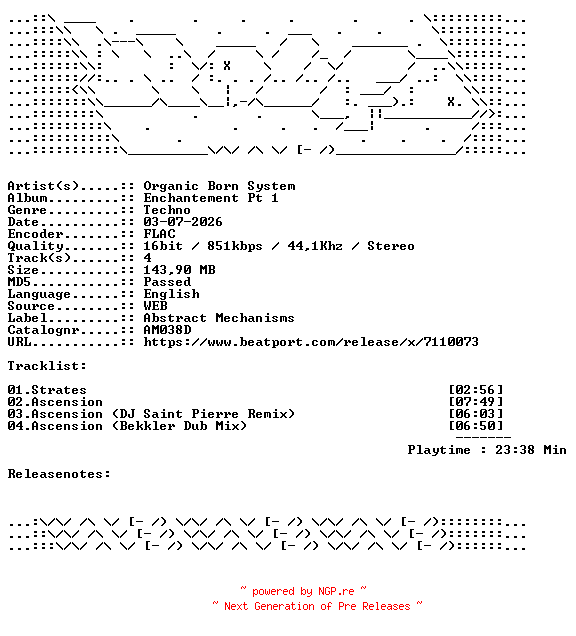 NFO for the release Organic_Born_System-Enchantement_Pt_1-AM038D-16BIT-WEB-FLAC-2026-WAVED by WAVED