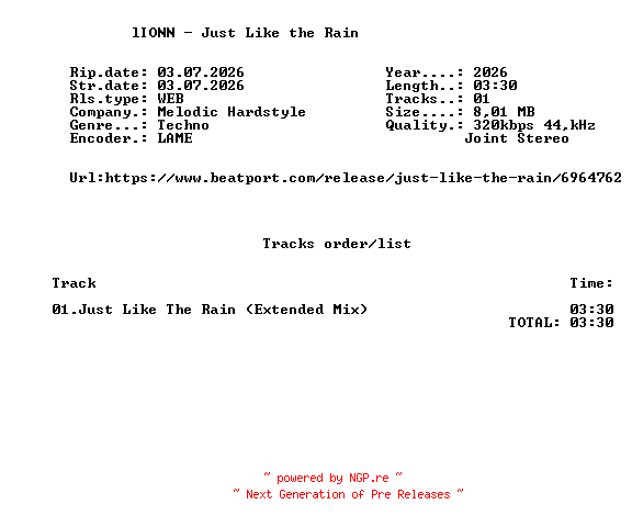 NFO for the release Lionn_-_Just_Like_The_Rain-(MH080E)-SINGLE-WEB-2026-FMC by FMC