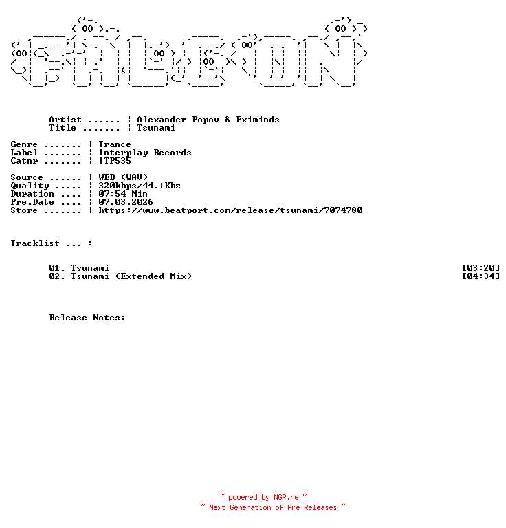 NFO for the release Alexander_Popov_And_Eximinds-Tsunami-(ITP535)-WEB-2026-FALCON by FALCON