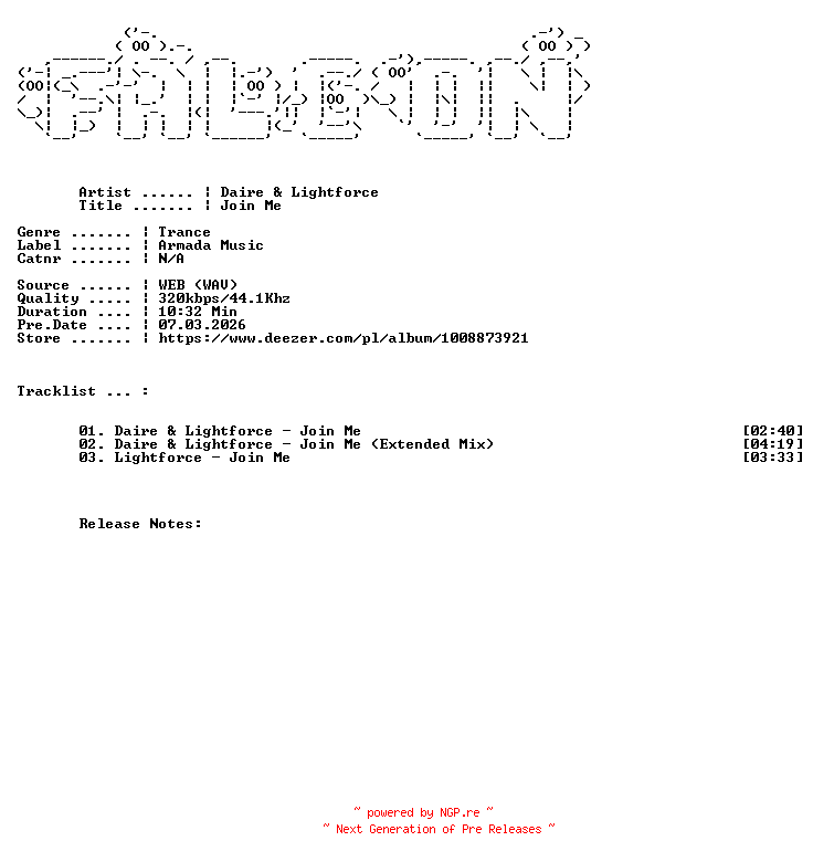 NFO for the release Daire_And_Lightforce-Join_Me-WEB-2026-FALCON by FALCON