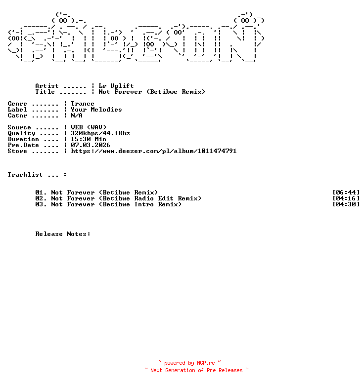 NFO for the release LR_Uplift-Not_Forever_Betibwe_Remix-WEB-2026-FALCON by FALCON