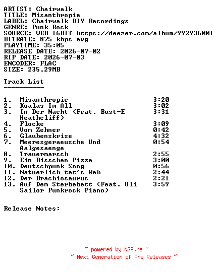 NFO for the release Chairwalk-Misanthropie-DE-16BIT-WEB-FLAC-2026-SDR by SDR
