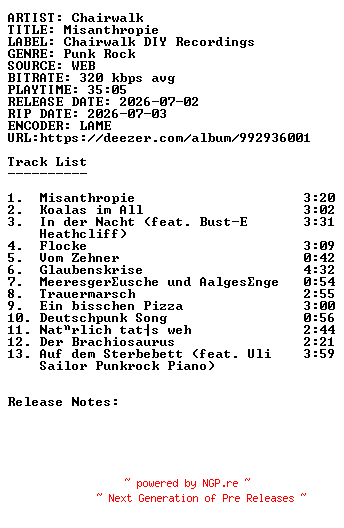 NFO for the release Chairwalk-Misanthropie-WEB-DE-2026-SDR by SDR