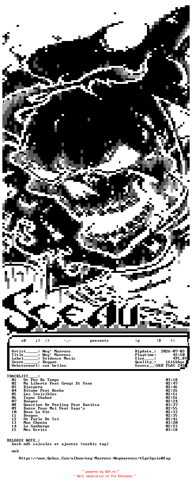NFO for the release Neg_Marrons-Neg_Marrons-FR-24BIT-WEB-FLAC-2026-sceau by sceau