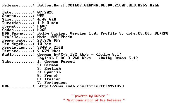 NFO for the release Dutton.Ranch.S01E09.GERMAN.DL.DV.2160P.WEB.H265-RiLE by RiLE