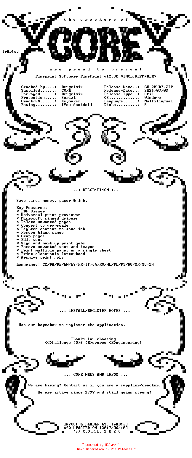 NFO for the release Fineprint.Software.FinePrint.v12.30.Multilingual.Incl.Keymaker-CORE by CORE