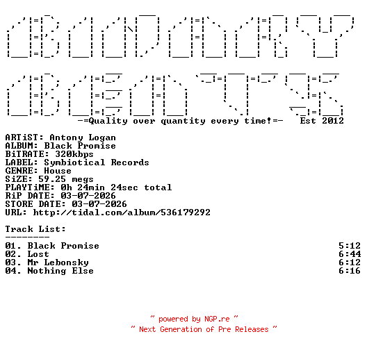 NFO for the release Antony_Logan-Black_Promise-(SYMBIOTICALW003)-WEB-2026-BB by BB