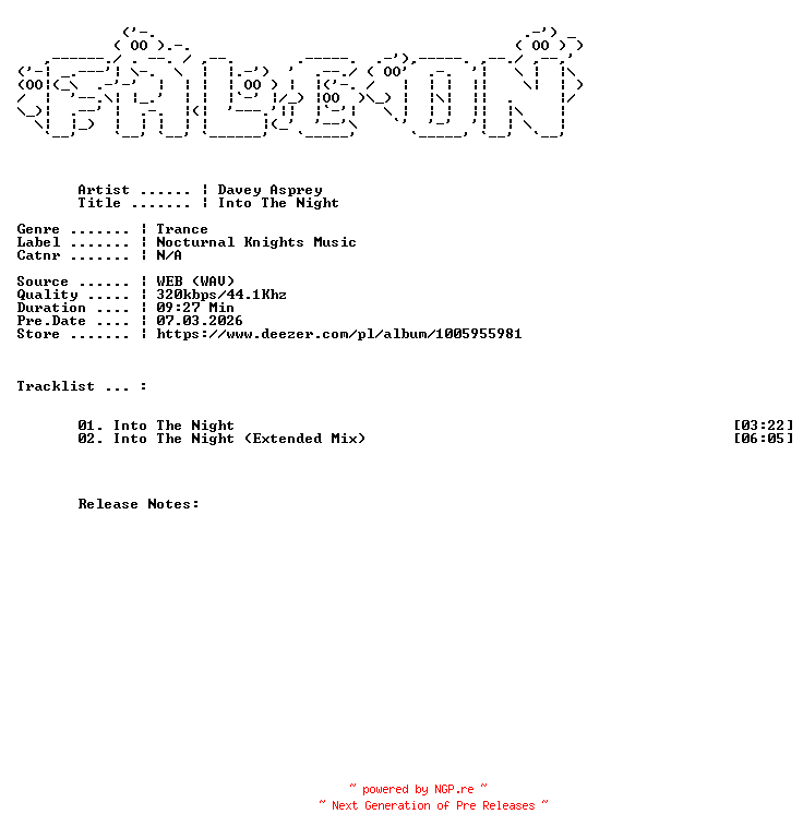 NFO for the release Davey_Asprey-Into_The_Night-WEB-2026-FALCON by FALCON