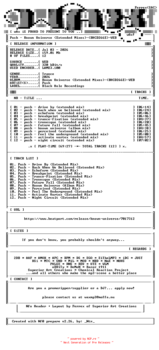 NFO for the release Push-Known_Universe_(Extended_Mixes)-(BHCD266E)-WEB-2026-wAx by wAx