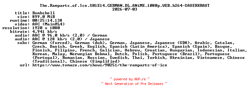 NFO for the release The.Ramparts.of.Ice.S01E14.GERMAN.DL.ANiME.1080p.WEB.h264-SAUERKRAUT by SAUERKRAUT