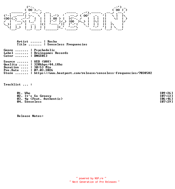 NFO for the release Rocha-Senseless_Frequencies-(BNGS013)-WEB-2026-FALCON by FALCON