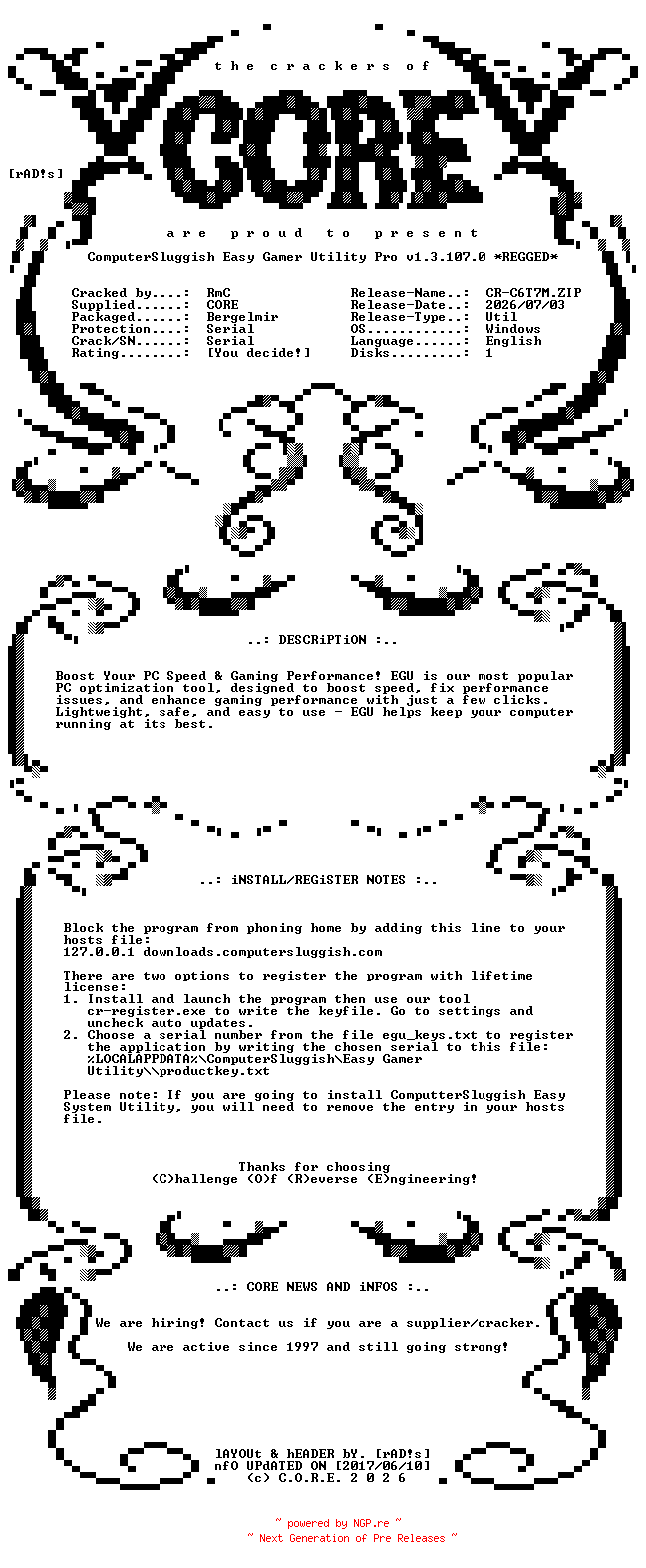NFO for the release ComputerSluggish.Easy.Gamer.Utility.Pro.v1.3.107.0.Regged-CORE by CORE