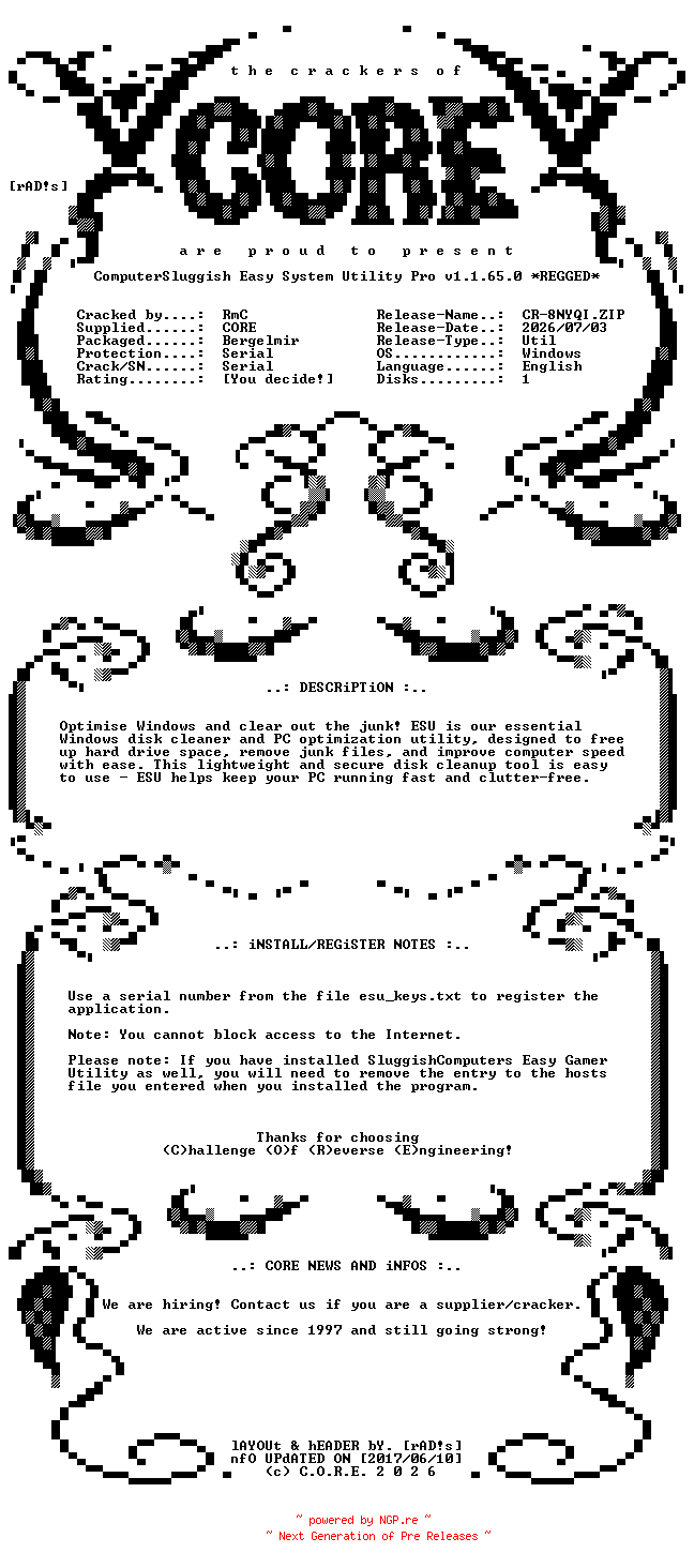 NFO for the release ComputerSluggish.Easy.System.Utility.Pro.v1.1.65.0.Regged-CORE by CORE