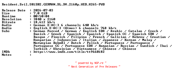 NFO for the release Resident.Evil.S01E02.GERMAN.DL.DV.2160p.WEB.H265-FWB by FWB