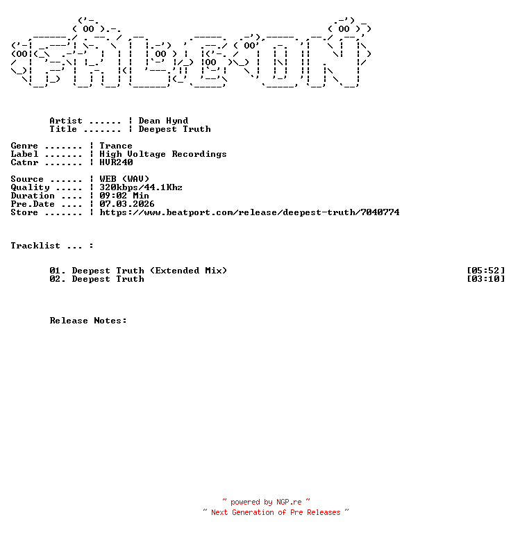 NFO for the release Dean_Hynd-Deepest_Truth-(HVR240)-WEB-2026-FALCON by FALCON