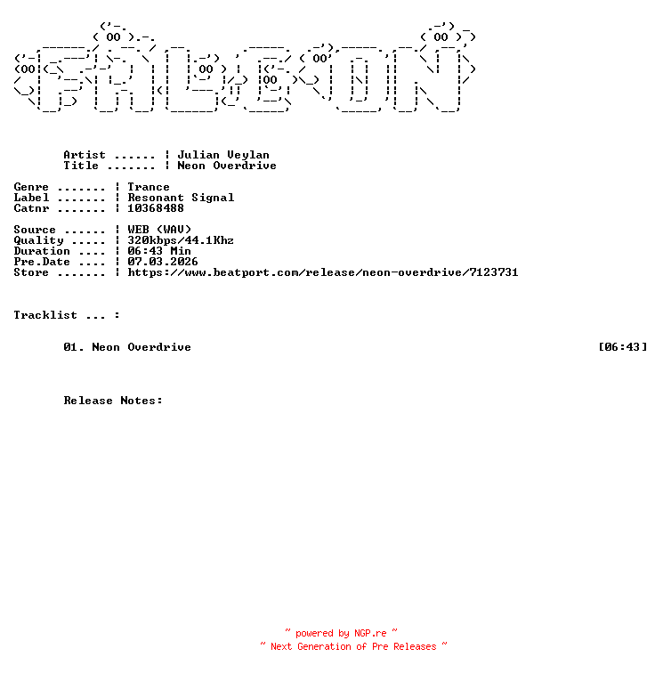 NFO for the release Julian_Veylan-Neon_Overdrive-(10368488)-SINGLE-WEB-2026-FALCON by FALCON