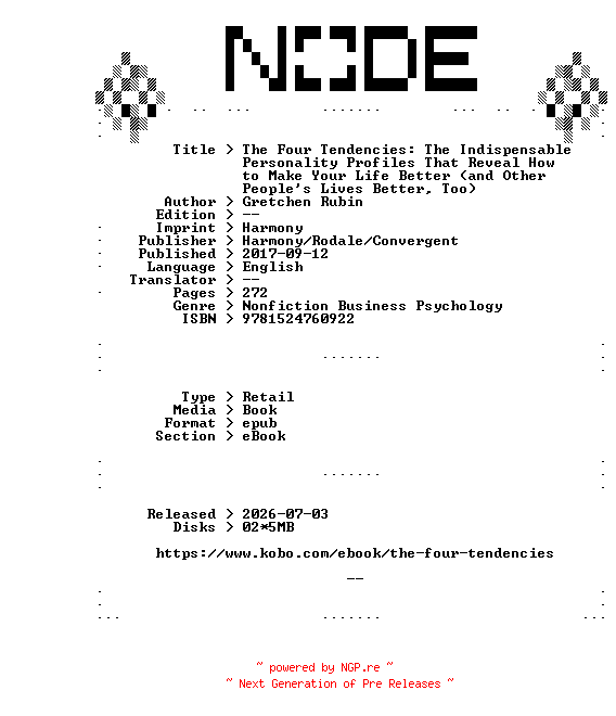 NFO for the release Gretchen.Rubin.The.Four.Tendencies.The.Indispensable.Personality.Profiles.That.Reveal.How.to.Make.Your.Life.Better.and.Other.Peoples.Lives.Better.Too.2017.RETAiL.EPUB.eBook-NODE by NODE