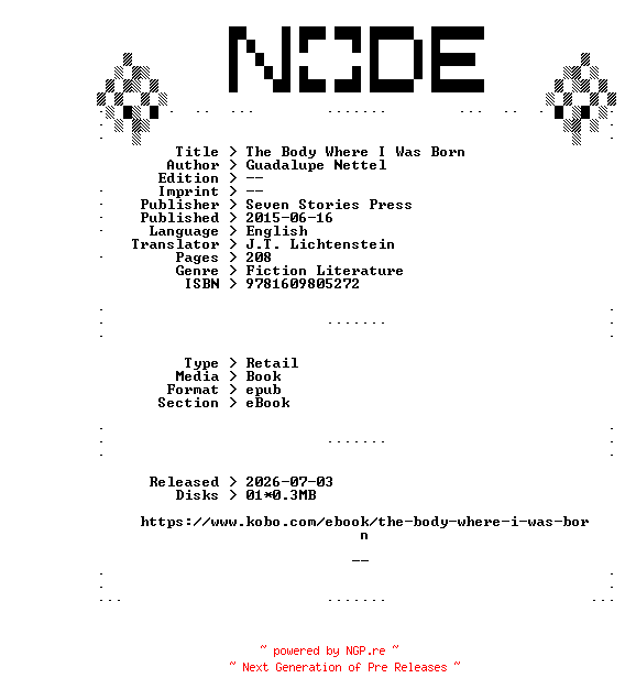 NFO for the release Guadalupe.Nettel.The.Body.Where.I.Was.Born.2015.RETAiL.EPUB.eBook-NODE by NODE