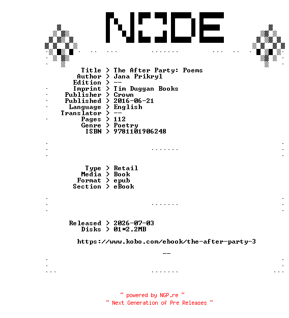 NFO for the release Jana.Prikryl.The.After.Party.Poems.2016.RETAiL.EPUB.eBook-NODE by NODE