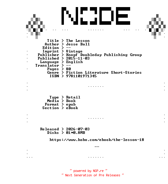 NFO for the release Jesse.Ball.The.Lesson.2015.RETAiL.EPUB.eBook-NODE by NODE