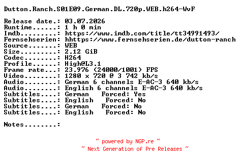 NFO for the release Dutton.Ranch.S01E09.German.DL.720p.WEB.h264-WvF by WvF