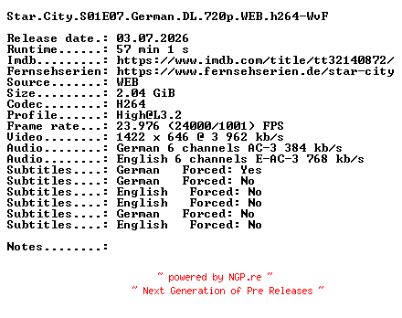 NFO for the release Star.City.S01E07.German.DL.720p.WEB.h264-WvF by WvF