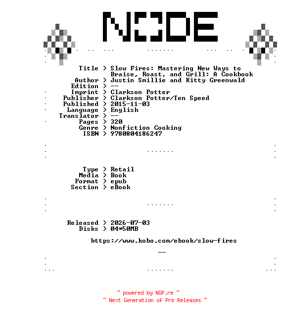 NFO for the release Justin.Smillie.and.Kitty.Greenwald.Slow.Fires.Mastering.New.Ways.to.Braise.Roast.and.Grill.A.Cookbook.2015.RETAiL.EPUB.eBook-NODE by NODE
