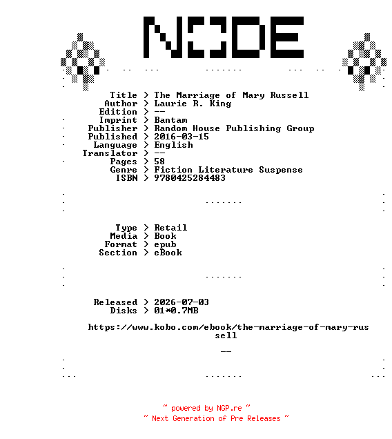 NFO for the release Laurie.R.King.The.Marriage.of.Mary.Russell.2016.RETAiL.EPUB.eBook-NODE by NODE