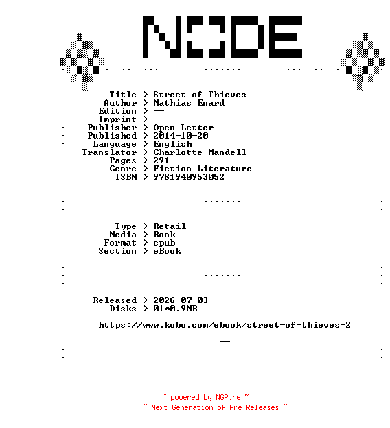 NFO for the release Mathias.Enard.Street.of.Thieves.2014.RETAiL.EPUB.eBook-NODE by NODE
