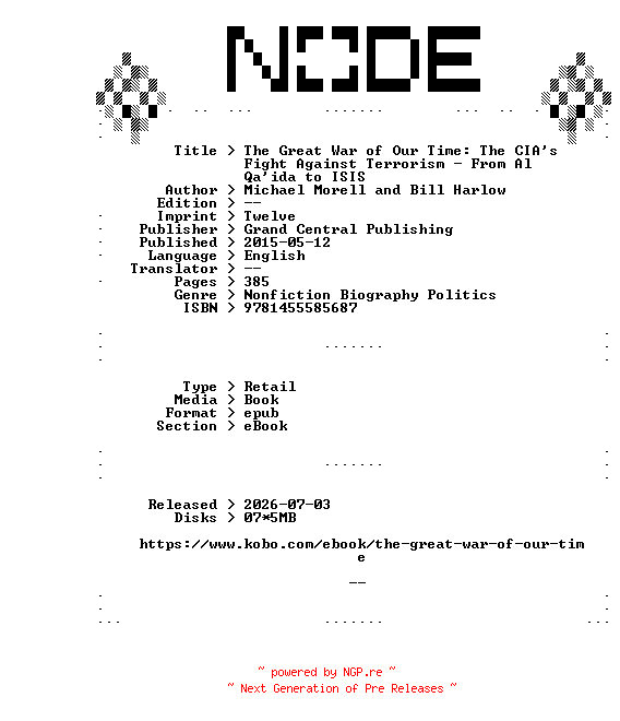 NFO for the release Michael.Morell.and.Bill.Harlow.The.Great.War.of.Our.Time.The.CIAs.Fight.Against.Terrorism.-.From.Al.Qaida.to.ISIS.2015.RETAiL.EPUB.eBook-NODE by NODE