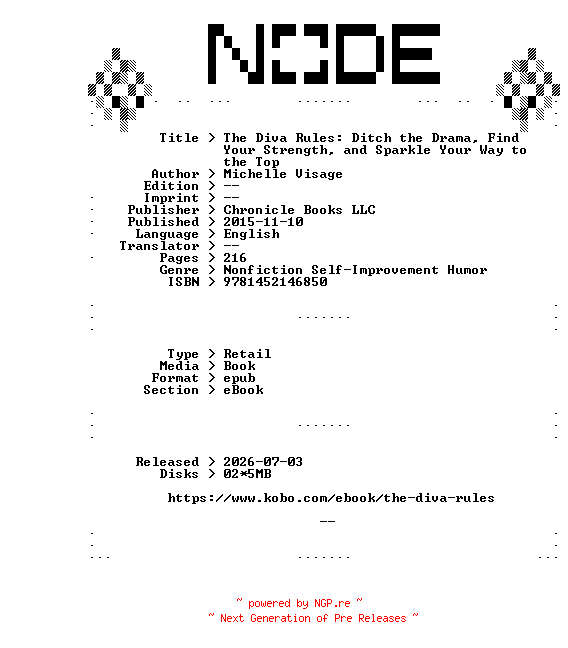 NFO for the release Michelle.Visage.The.Diva.Rules.Ditch.the.Drama.Find.Your.Strength.and.Sparkle.Your.Way.to.the.Top.2015.RETAiL.EPUB.eBook-NODE by NODE