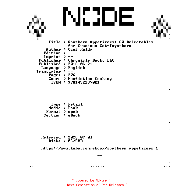 NFO for the release Ozef.Kalda.Southern.Appetizers.60.Delectables.for.Gracious.Get-Togethers.2016.RETAiL.EPUB.eBook-NODE by NODE