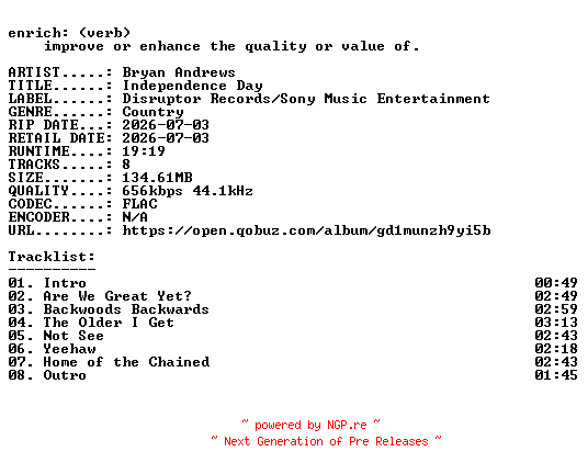NFO for the release Bryan_Andrews-Independence_Day-16BIT-WEB-FLAC-2026-ENRiCH by ENRiCH